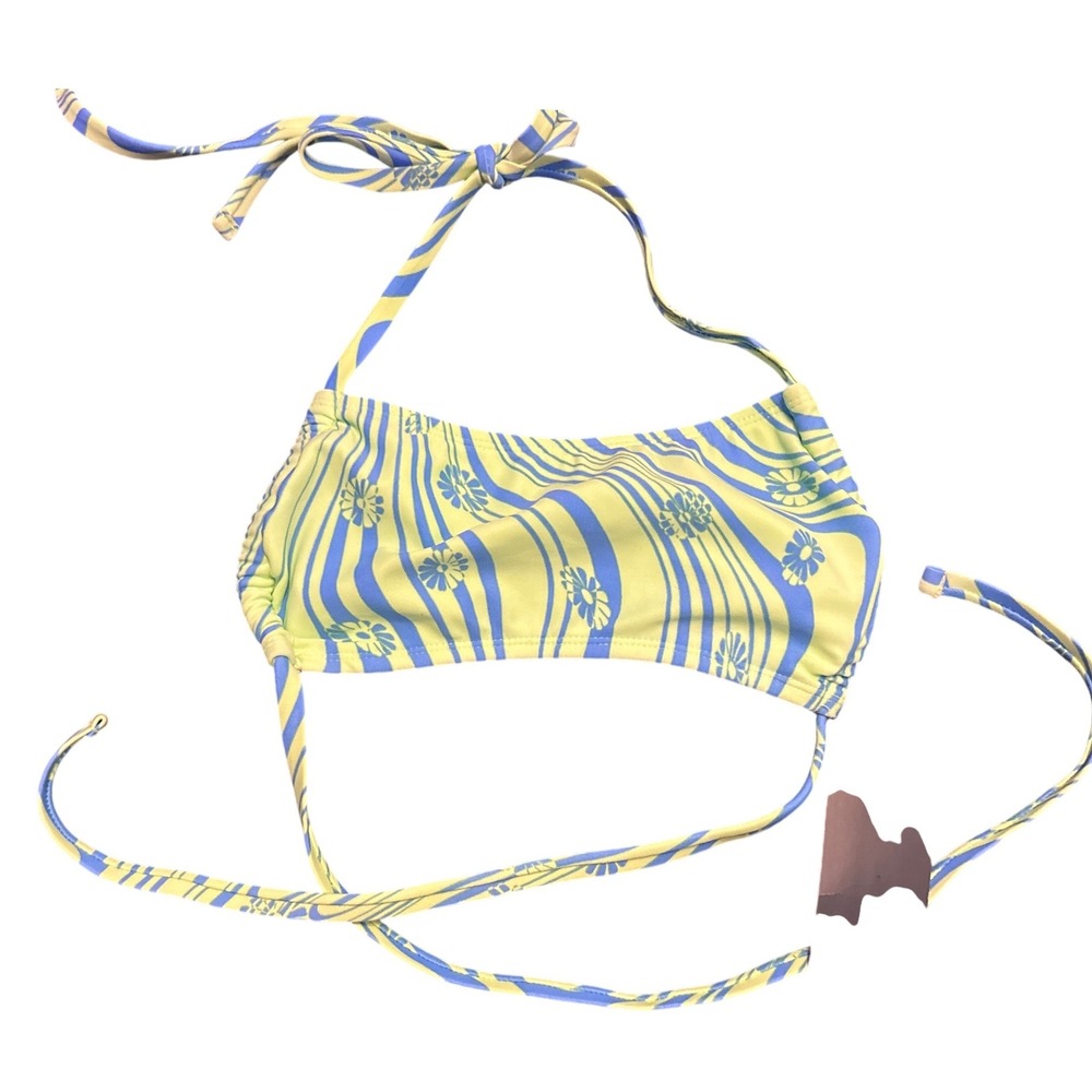 NEW Wild Fable Daisy Stripe Halter Wrap Tie Bikini Swim Top Yellow Blue XS